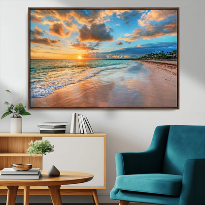 41572-MGV-FC-36X24_Walnut-Sunset Beach Wall Art – Ocean Waves and Palm Trees Canvas Print, Tropical Coastal Sunset Seascape Decor for Living Room, Bedroom