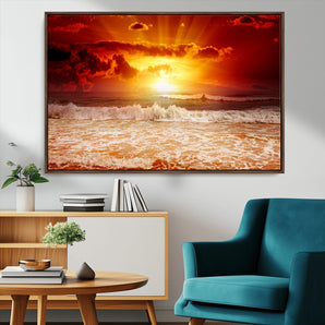 60211-MGV-CV-36X24-Fiery Sunset Ocean Waves Canvas Print – Vibrant Red & Orange Coastal Wall Art, Dramatic Seascape Decor