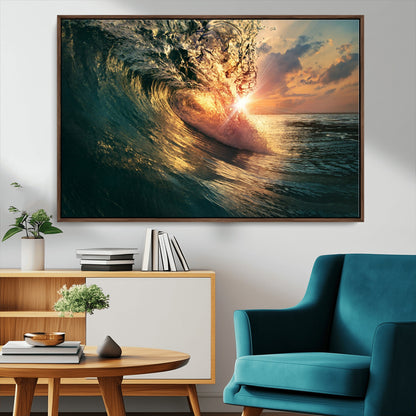 55359-MGV-FC-36X24_Walnut-Radiant Ocean Wave Wall Art – Panoramic Surf Canvas Print, Vibrant Sunset Beach Decor for Home, Office or Man Cave