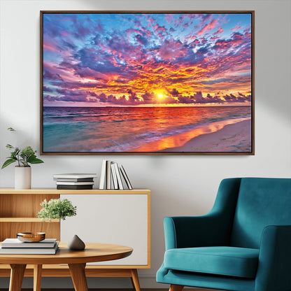 72836-MGV-FC-36X24_Walnut-Fiery Sunset Beach Wall Art – Panoramic Vibrant Ocean Canvas Print, Dramatic Coastal Decor for Living Room, Bedroom or Office