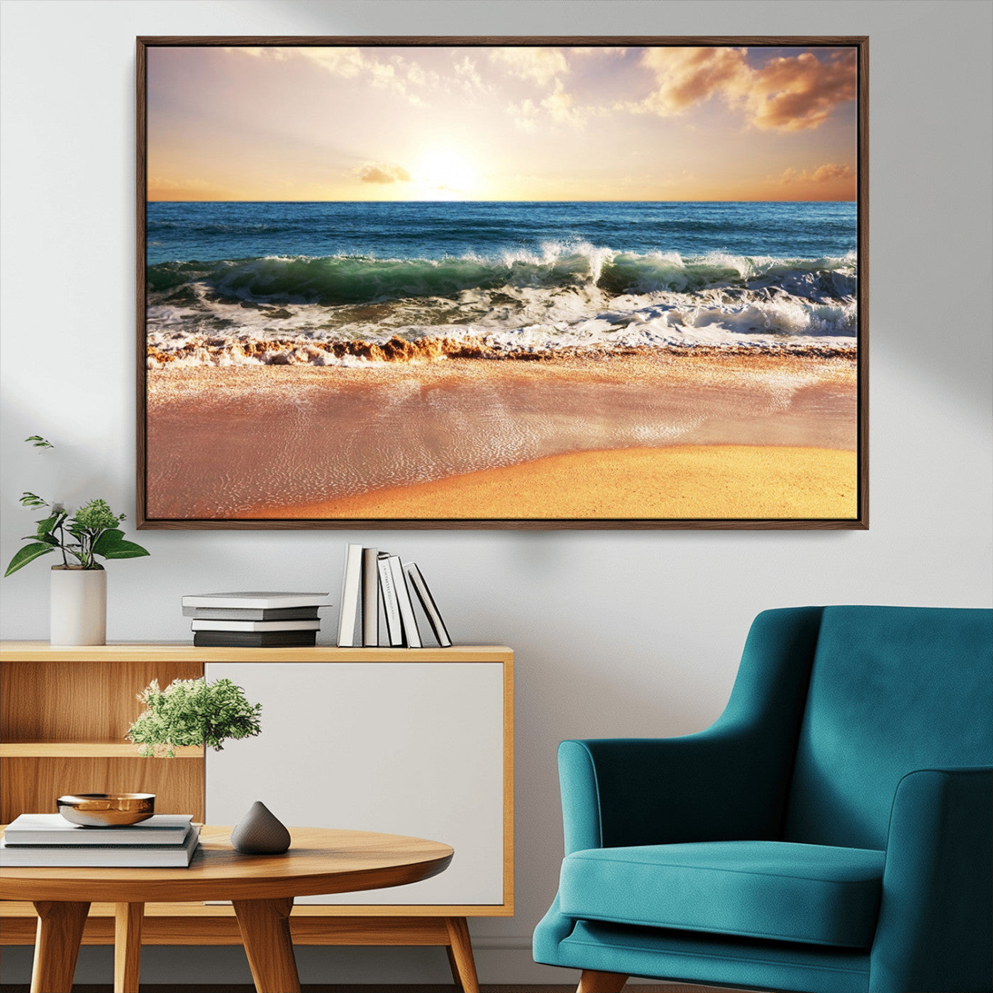 79005-MGV-FC-36X24_Walnut-Golden Sunrise Ocean Waves Wall Art – Panoramic Seashore Canvas Print, Calming Coastal Decor for Home, Office or Relaxation Space