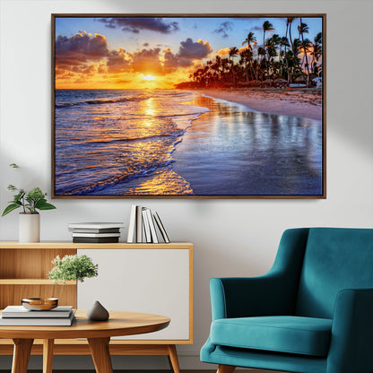 19917-MGV-FC-36X24_Walnut-Tropical Sunset Beach Wall Art – Panoramic Palm Trees and Ocean Canvas Print, Vibrant Coastal Decor for Living Room, Office or Man