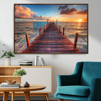 28836-MGV-FC-36X24_Walnut-Ocean Pier Sunset Wall Art – Wooden Dock and Golden Horizon Canvas Print, Coastal Seascape Photography for Living Room, Bedroom,