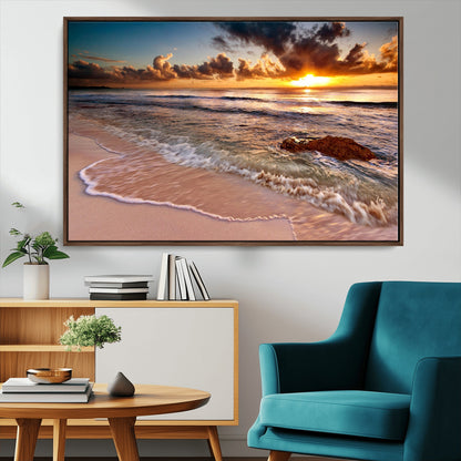 80979-MGV-FC-36X24_Walnut-Golden Sunrise Beach Wall Art – Ocean Waves and Sandy Shore Canvas Print, Coastal Sunset Photography Artwork for Living Room,