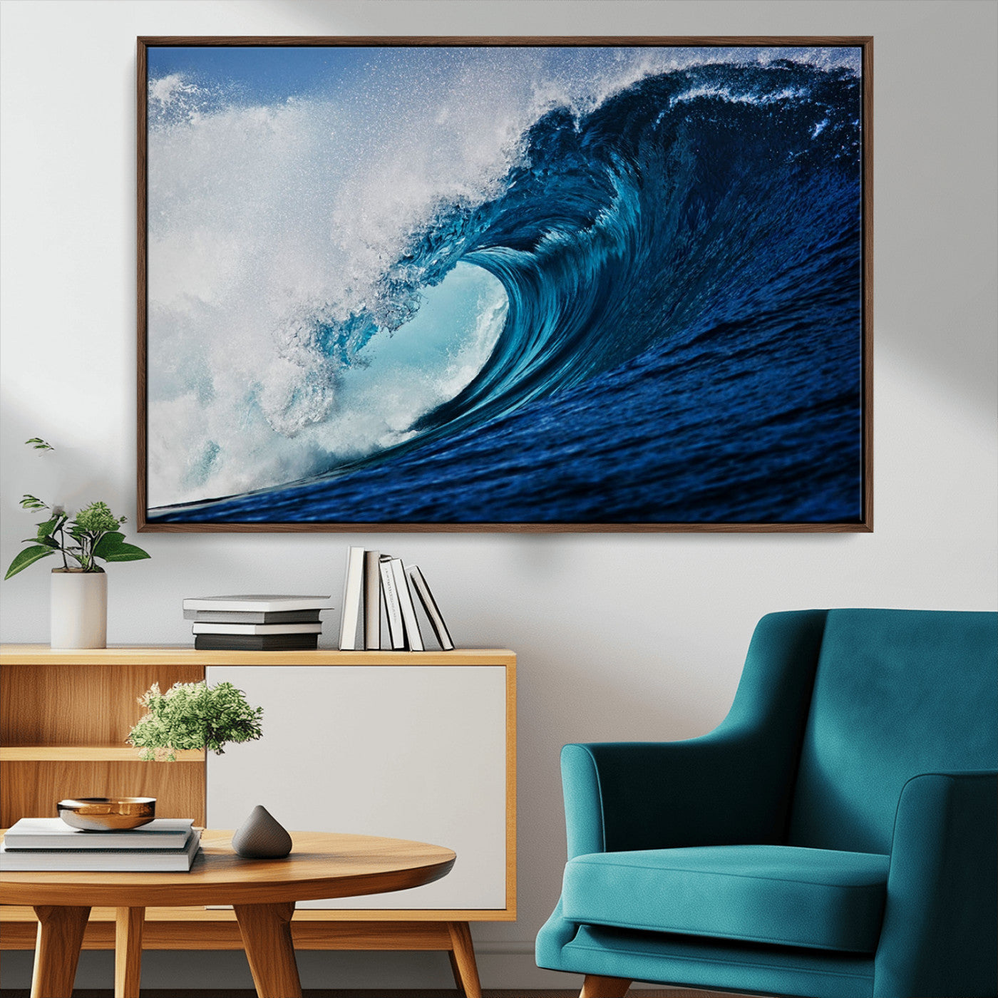 89502-MGV-FC-36X24_Walnut-Powerful Ocean Wave Wall Art – Panoramic Blue Sea Wave Canvas Print, Coastal Surf Photography Artwork for Living Room, Bedroom, or