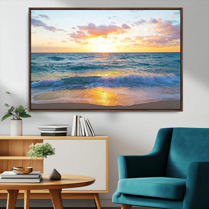 78006-MGV-FC-36X24_Walnut-Golden Sunrise Ocean Wall Art – Panoramic Beach Waves Canvas Print, Coastal Seascape Artwork for Living Room, Bedroom, Office, or