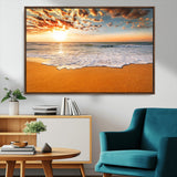 15399-MGV-FC-36X24_Walnut-Golden Sunrise Beach Wall Art – Ocean Waves on Sandy Shore Canvas Print, Coastal Seascape Decor for Living Room or Bedroom