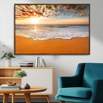 15399-MGV-FC-36X24_Walnut-Golden Sunrise Beach Wall Art – Ocean Waves on Sandy Shore Canvas Print, Coastal Seascape Decor for Living Room or Bedroom