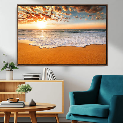 15399-MGV-FC-36X24_Walnut-Golden Sunrise Beach Wall Art – Ocean Waves on Sandy Shore Canvas Print, Coastal Seascape Decor for Living Room or Bedroom