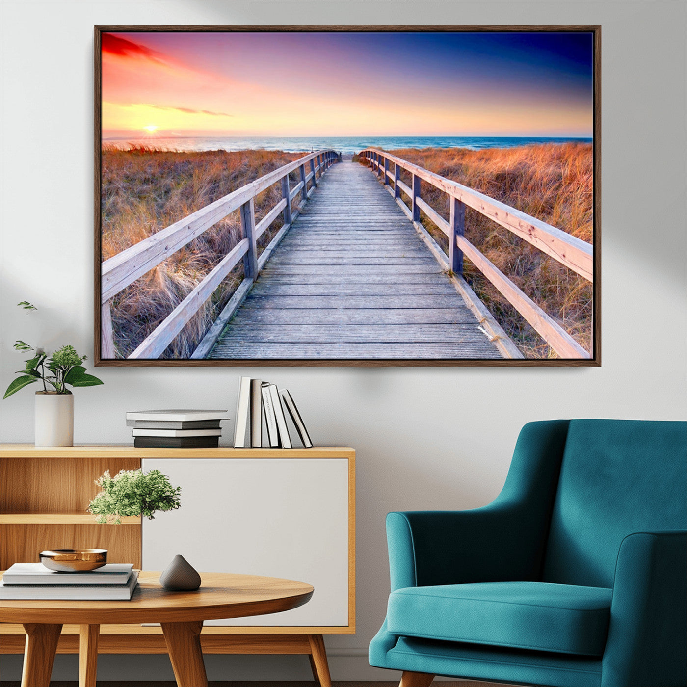 60625-MGV-FC-36X24_Walnut-Beach Boardwalk Sunrise Wall Art – Coastal Pathway to Ocean Canvas Print, Seaside Landscape Decor for Home or Office