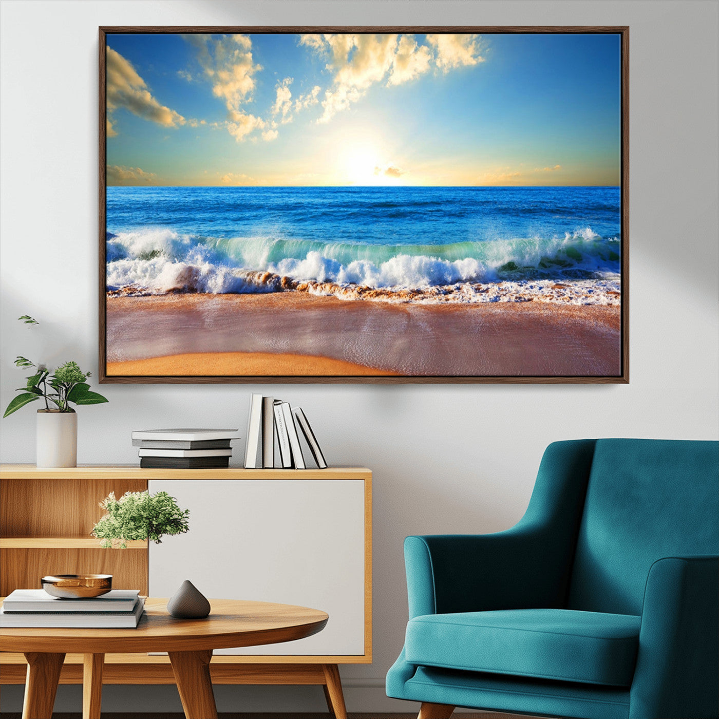 50522-MGV-FC-36X24_Walnut-Ocean Sunrise Wall Art – Peaceful Beach Waves and Golden Horizon Canvas Print, Coastal Seascape Decor for Home or Office