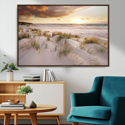 61246-MGV-FC-36X24_Walnut-Coastal Sand Dunes Wall Art – Serene Beach Sunset Canvas Print with Grasses and Ocean View, Tranquil Seaside Decor for Living Room