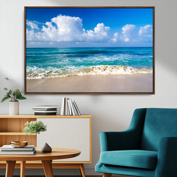 60364-MGV-FC-36X24_Walnut-Tropical Ocean Wave Wall Art – Serene Blue Sea and White Sand Beach Canvas Print, Coastal Landscape Decor for Living Room, Bedroom