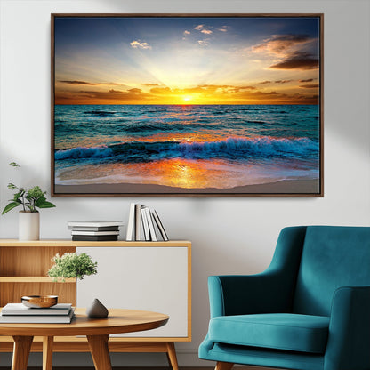 50627-MGV-FC-36X24_Walnut-Ocean Sunset Wall Art – Serene Beach Canvas Print with Waves and Golden Sky, Coastal Decor for Living Room or Office