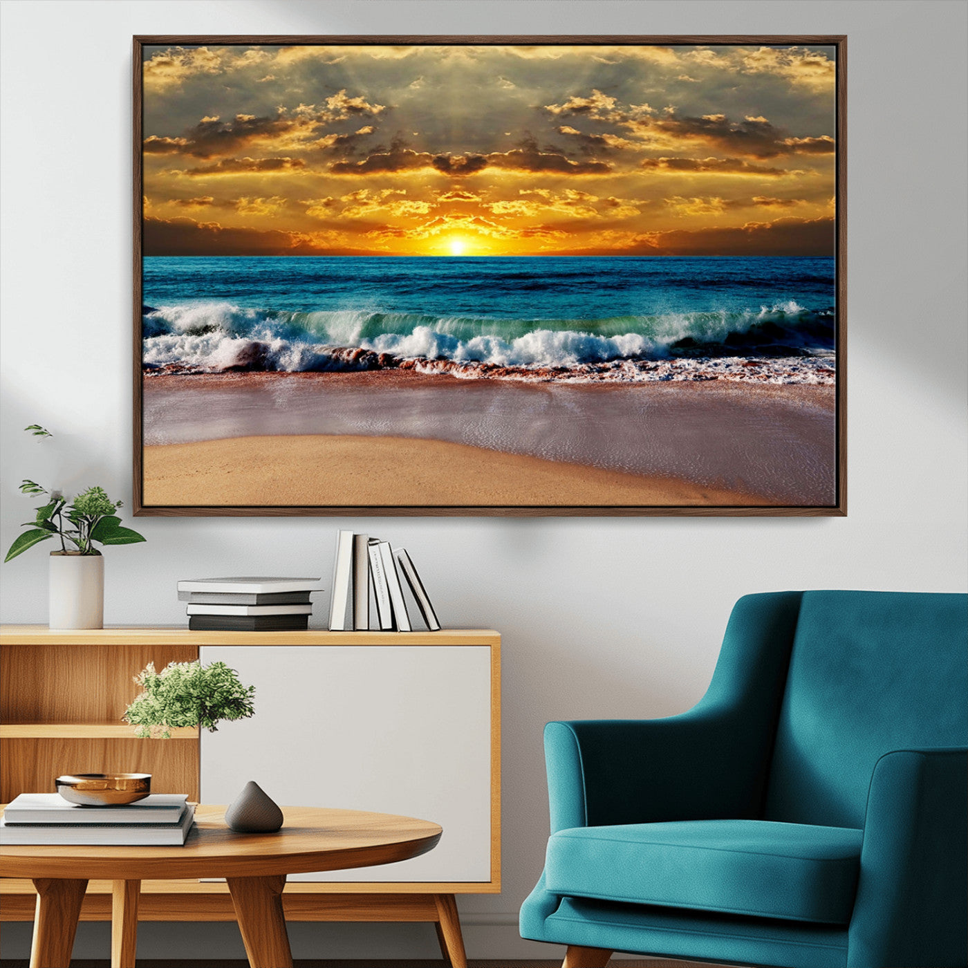 83389-MGV-FC-36X24_Walnut-Ocean Sunrise Wall Art – Vibrant Beach Waves Canvas Print, Coastal Seascape Decor for Living Room or Office