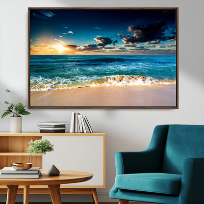88985-MGV-FC-36X24_Walnut-Ocean Sunset Wall Art – Tranquil Beach Waves Canvas Print, Coastal Seascape Decor for Living Room or Office