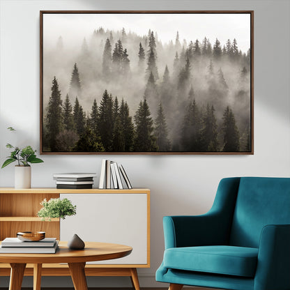 62862-MGV-FC-36X24_Walnut-Misty Forest Wall Art – Tranquil Pine Tree Canvas Print with Mountain Fog, Nature Landscape Artwork for Living Room, Bedroom, or
