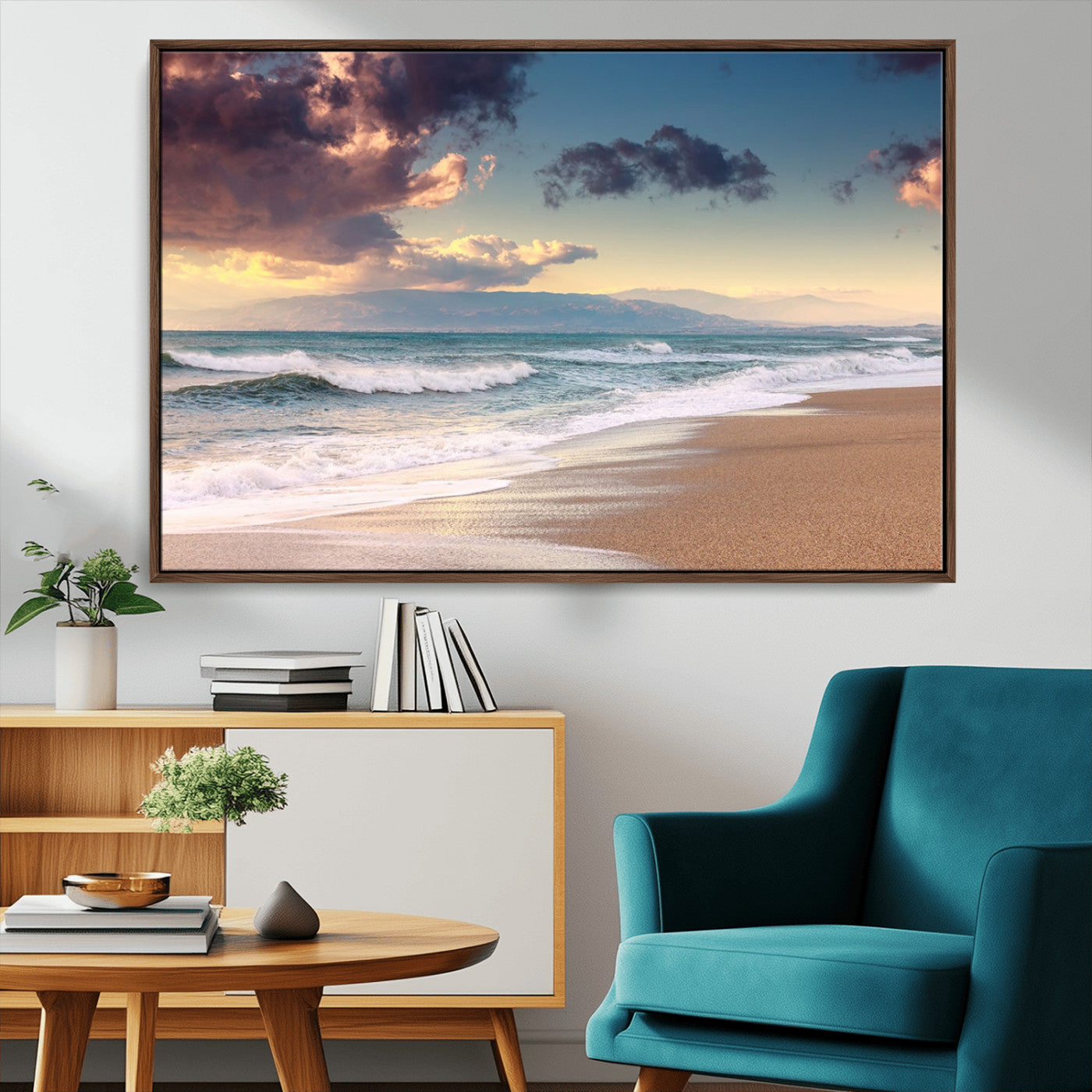 42253-MGV-FC-36X24_Walnut-Serene Beach Waves Wall Art – Tranquil Ocean Horizon Canvas Print, Coastal Seascape Decor for Living Room or Office Wall