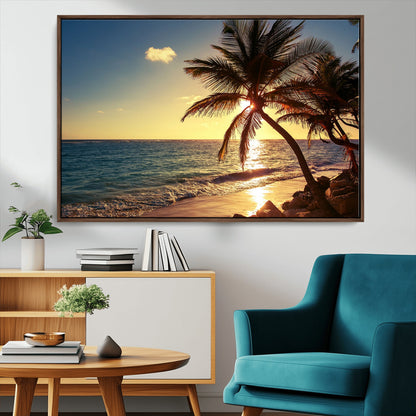 82710-MGV-FC-36X24_Walnut-Palm Tree Sunset Beach Wall Art – Tropical Ocean Canvas Print, Coastal Paradise Seascape Decor for Living Room or Office Wall