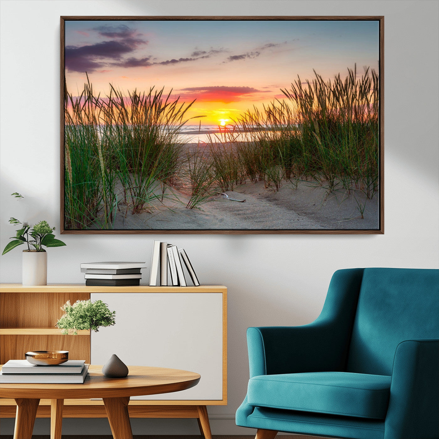 25576-MGV-FC-36X24_Walnut-Beach Grass Sunset Wall Art – Coastal Sand Dune Landscape Canvas Print, Ocean View Nature Decor for Living Room or Office Wall