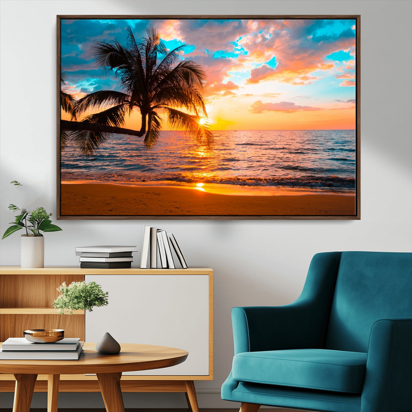 34674-MGV-FC-36X24_Walnut-Tropical Sunset Beach Wall Art – Palm Tree Ocean Canvas Print, Coastal Seascape Decor for Living Room or Office Wall