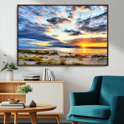 39645-MGV-FC-36X24_Walnut-Golden Beach Sunset Wall Art – Serene Ocean Horizon Canvas Print, Coastal Nature Landscape Decor for Living Room, Bedroom or