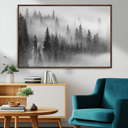 57235-MGV-FC-36X24_Walnut-Misty Pine Forest Wall Art – Black and White Mountain Landscape Canvas Print, Nature Woodland Decor for Living Room, Bedroom or