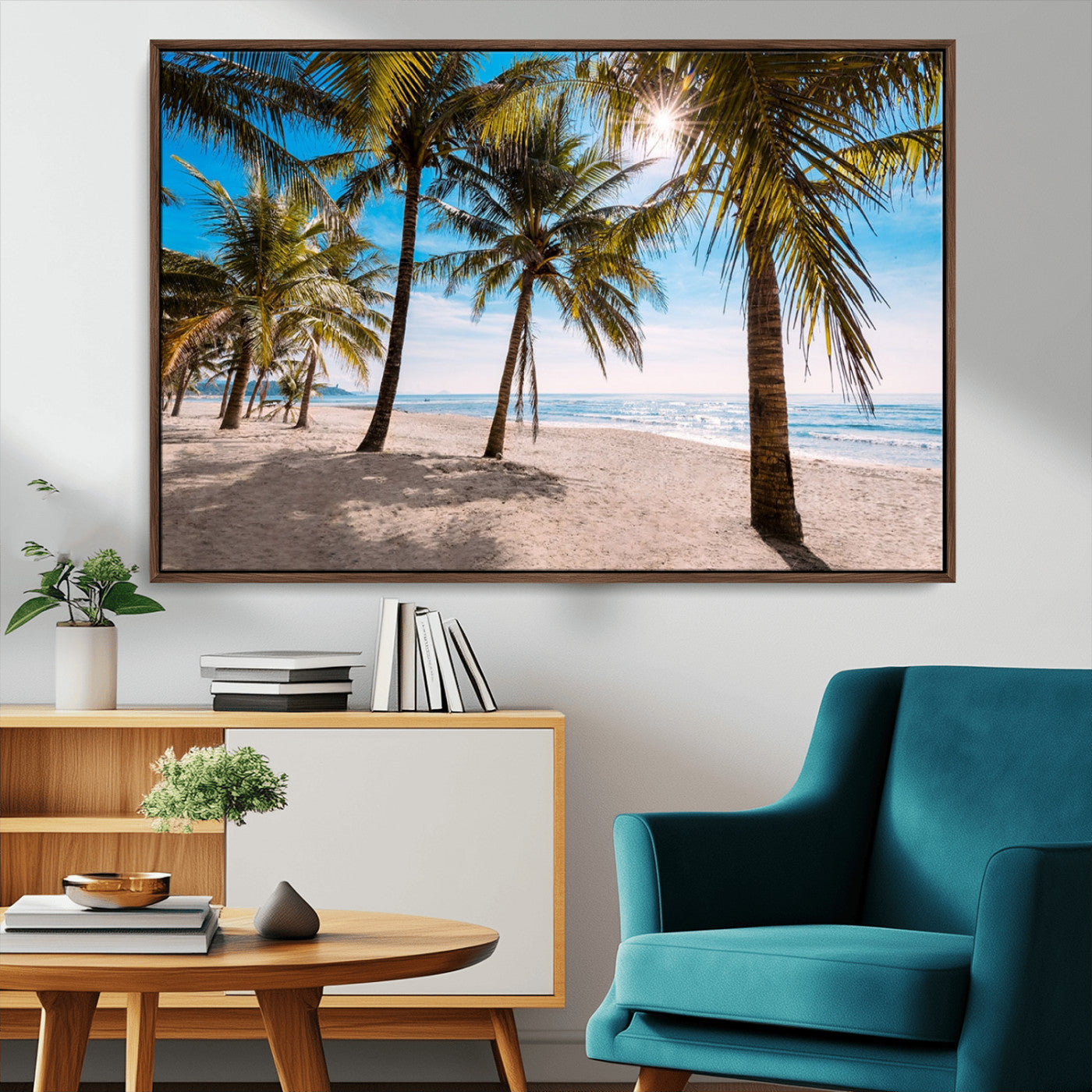 98175-MGV-FC-36X24_Walnut-Tropical Palm Beach Wall Art – Relaxing Ocean Shore Canvas Print with Palm Trees, Coastal Summer Decor for Living Room, Bedroom or