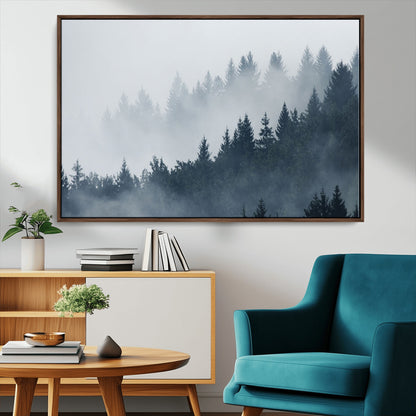 23671-MGV-CV-36X24-Misty Forest Wall Art – Serene Foggy Pine Trees Landscape Canvas Print, Tranquil Nature Decor for Living Room, Bedroom or Office