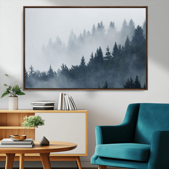 23671-MGV-FC-36X24_Walnut-Misty Forest Wall Art – Serene Foggy Pine Trees Landscape Canvas Print, Tranquil Nature Decor for Living Room, Bedroom or Office