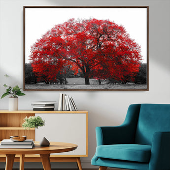 80021-MGV-CV-36X24-Red Tree Wall Art – Striking Black and White Landscape Canvas Print with Vibrant Red Leaves, Modern Nature Decor for Living Room