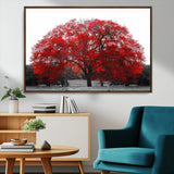 80021-MGV-FC-36X24_Walnut-Red Tree Wall Art – Striking Black and White Landscape Canvas Print with Vibrant Red Leaves, Modern Nature Decor for Living Room