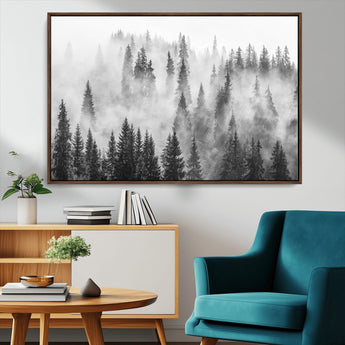 10422-MGV-FC-36X24_Walnut-Misty Pine Forest Wall Art – Black and White Foggy Landscape Canvas Print, Serene Nature Woodland Decor for Bedroom, Office or