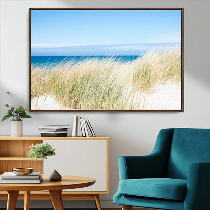 96913-MGV-FC-36X24_Walnut-Coastal Dunes Wall Art – Serene Beach Grass and Blue Ocean Canvas Print, Relaxing Seaside Nature Decor for Living Room, Bedroom or