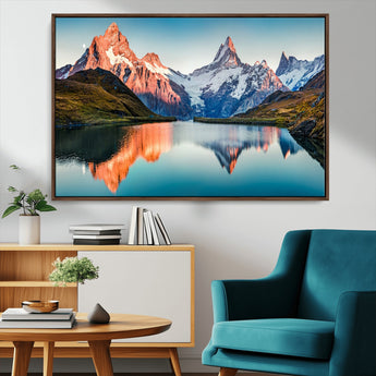 88453-MGV-CV-36X24-Mountain Lake Wall Art – Snow-Capped Peaks Reflected in Alpine Water Canvas Print, Nature Landscape Wall Decor for Living Room or