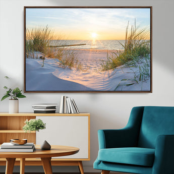 48907-MGV-FC-36X24_Walnut-Beach Sunset Wall Art – Coastal Sand Dunes and Ocean View Canvas Print, Serene Seaside Landscape Painting for Living Room, Bedroom