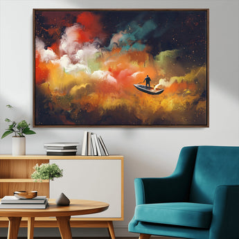 45085-MGV-CV-36X24-Surreal Cosmic Wall Art – Abstract Galaxy Dreamscape Canvas Print with Man and Dog in Boat, Fantasy Nebula Painting for Living