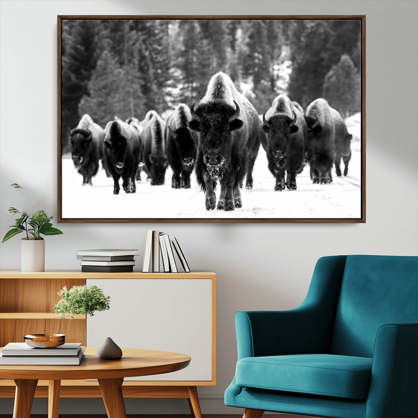 62434-MGV-CV-36X24-Bison Herd Wall Art – Majestic Black and White Buffalo Canvas Print, Wildlife Nature Photography Decor for Living Room, Office or