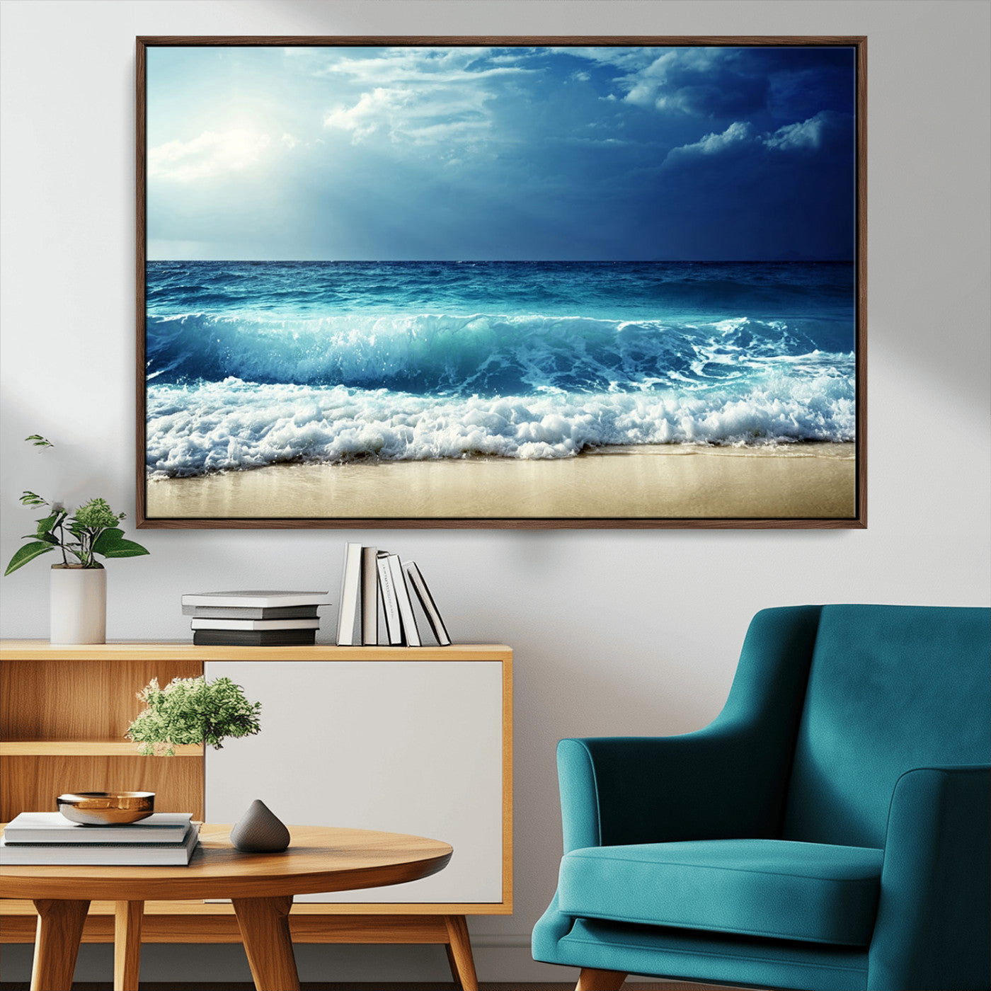 84116-MGV-FC-36X24_Walnut-Ocean Wave Wall Art – Blue Sea and Beach Canvas Print, Coastal Seascape Photography Artwork for Living Room, Bedroom, or Office
