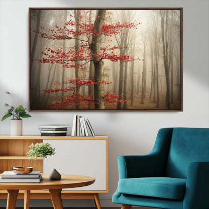 61855-MGV-FC-36X24_Walnut-Misty Forest Wall Art – Red Tree with Autumn Leaves Canvas Print, Moody Woodland Nature Decor for Living Room, Bedroom, or Office