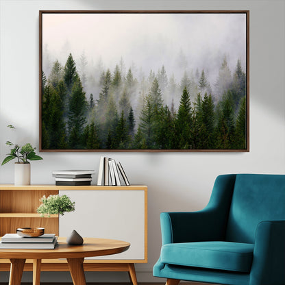 11436-MGV-FC-36X24_Walnut-Misty Forest Wall Art – Tranquil Evergreen Tree Canvas Print with Foggy Landscape, Nature Inspired Artwork for Bedroom, Living