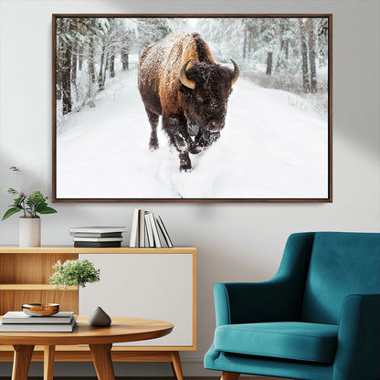 84699-MGV-CV-36X24-Bison in Winter Wall Art – Majestic Buffalo Canvas Print with Snowy Forest Landscape, Rustic Wildlife Artwork for Cabin, Living