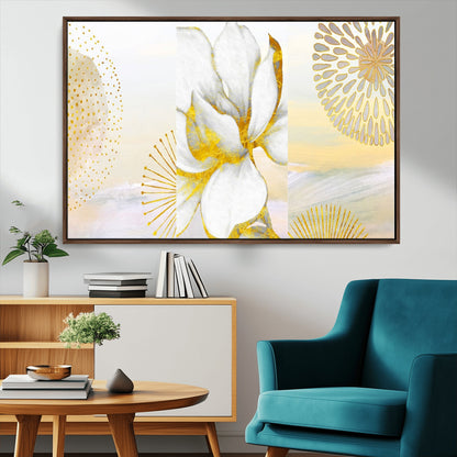 82301-MGV-CV-36X24-Modern Floral Wall Art – White Flower with Gold Detailing Canvas Print, Elegant Abstract Artwork for Living Room, Bedroom, or