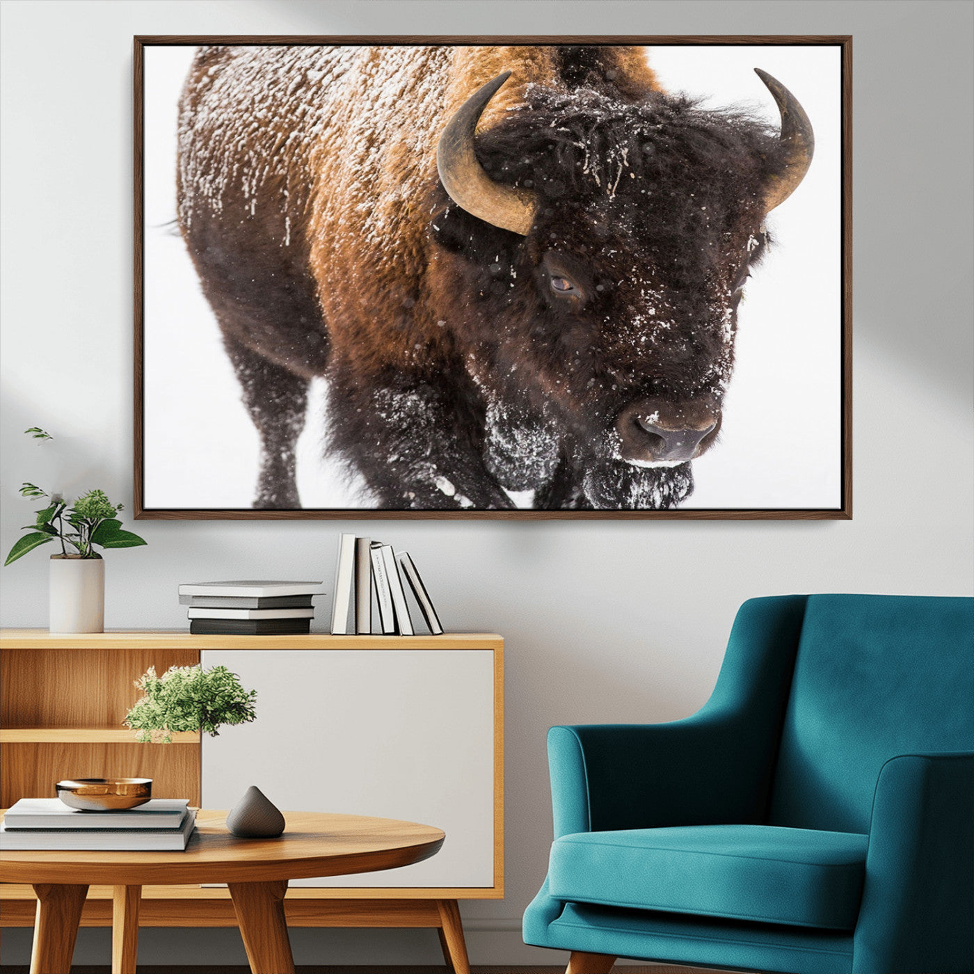 65605-MGV-FC-36X24_Walnut-Snow Bison Wall Art – Close Up Buffalo Canvas Print, Rustic Western Wildlife Photography, Farmhouse Cabin Lodge Decor for Living