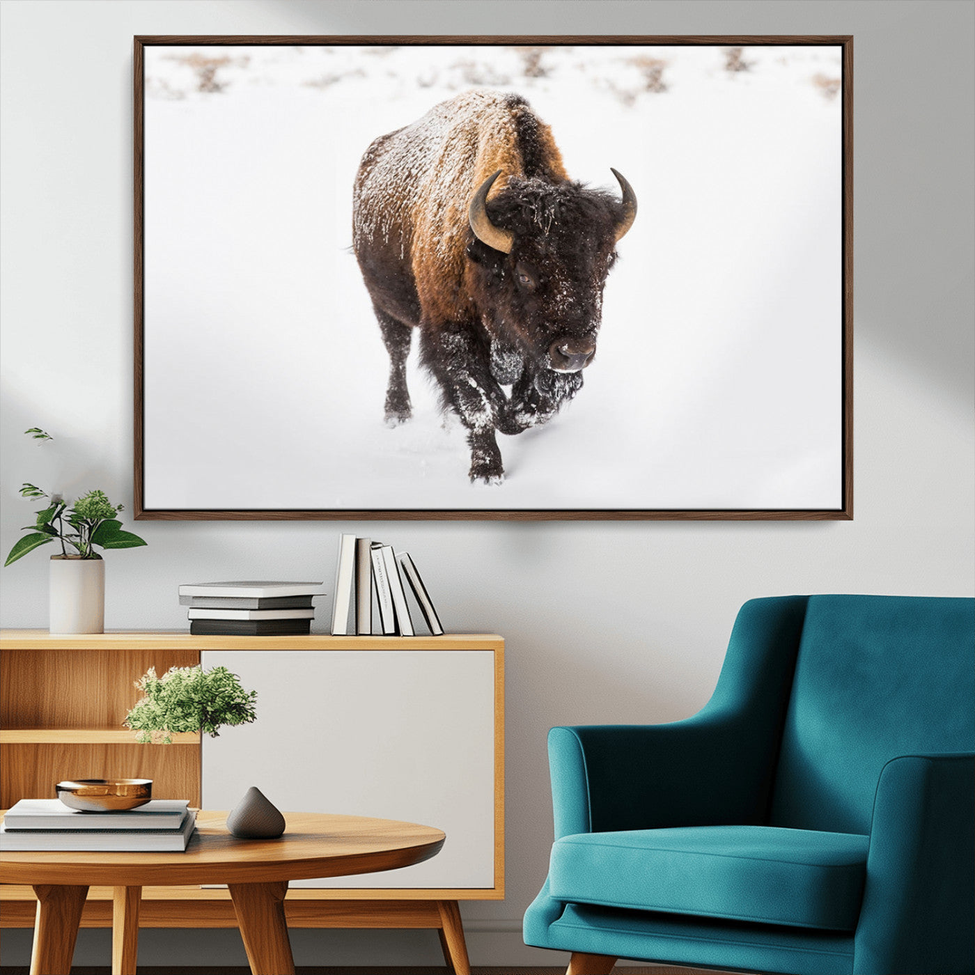 19889-MGV-FC-36X24_Walnut-Snow Bison Wall Art – Majestic Buffalo Winter Landscape Canvas Print, Rustic Wildlife Photography Decor for Cabin, Lodge, Living