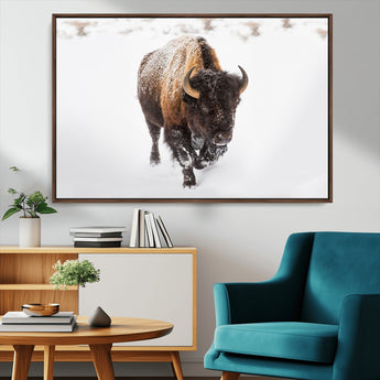 19889-MGV-FC-36X24_Walnut-Snow Bison Wall Art – Majestic Buffalo Winter Landscape Canvas Print, Rustic Wildlife Photography Decor for Cabin, Lodge, Living