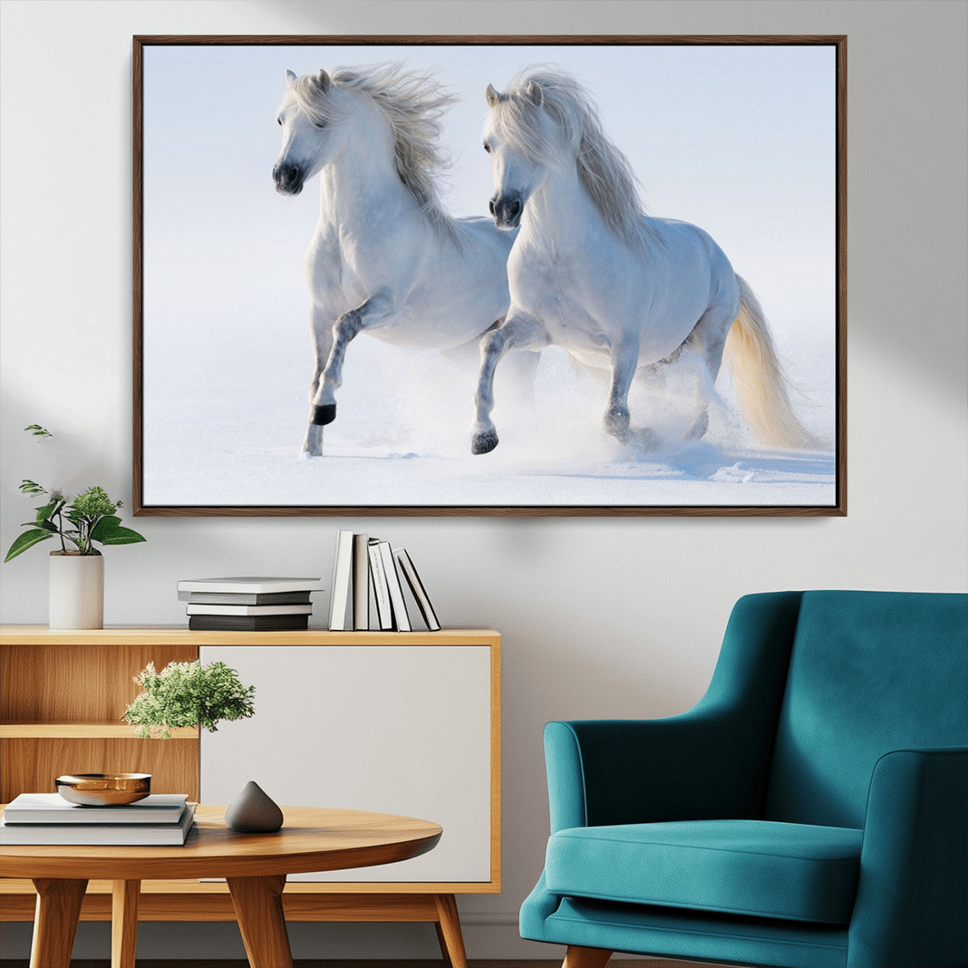 80145-MGV-FC-36X24_Walnut-White Horses Running Snow Wall Art – Majestic Equine Canvas Print, Winter Nature Photography Decor for Living Room, Office,