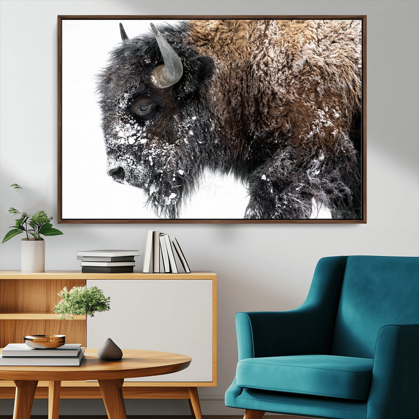 24304-MGV-FC-36X24_Walnut-Bison Wall Art Canvas Print, Framed Winter Bison Art Picture Print, Snowy Buffalo Perfect Rustic Farmhouse Decor Artwork