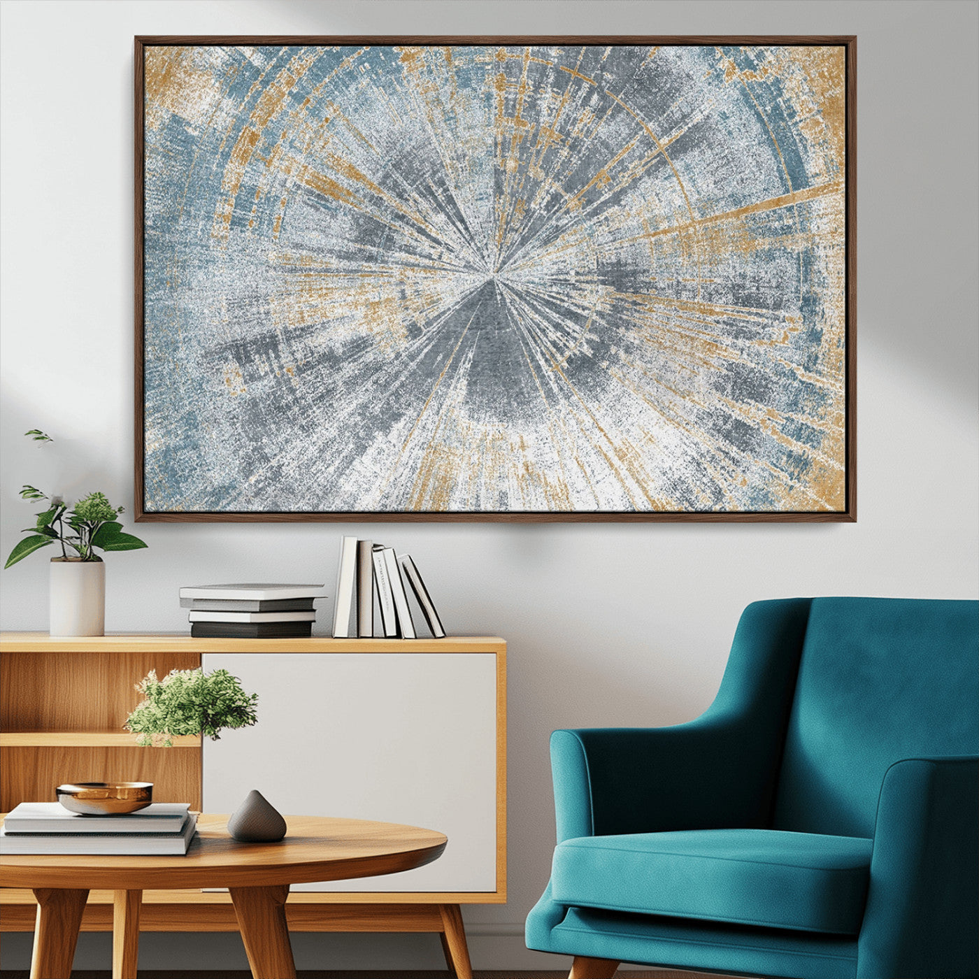 17631-MGV-FC-36X24_Walnut-Radiant Burst Wall Art – Abstract Sunburst Canvas Print in Blue and Gold, Modern Geometric Painting for Living Room, Office or