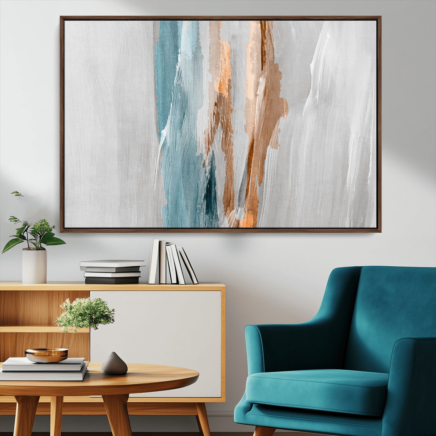 66154-MGV-FC-36X24_Walnut-Abstract Brushstroke Wall Art – Modern Teal and Gold Canvas Print, Minimalist Contemporary Painting for Living Room, Bedroom, or